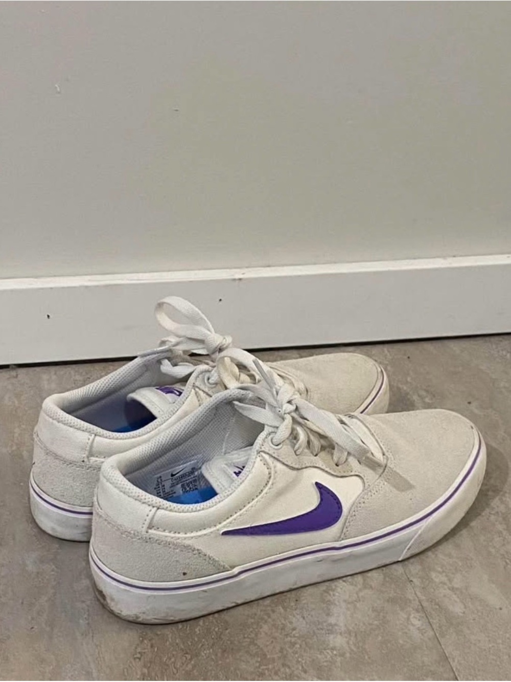 Nike Women's White Sneakers with Purple Swoosh